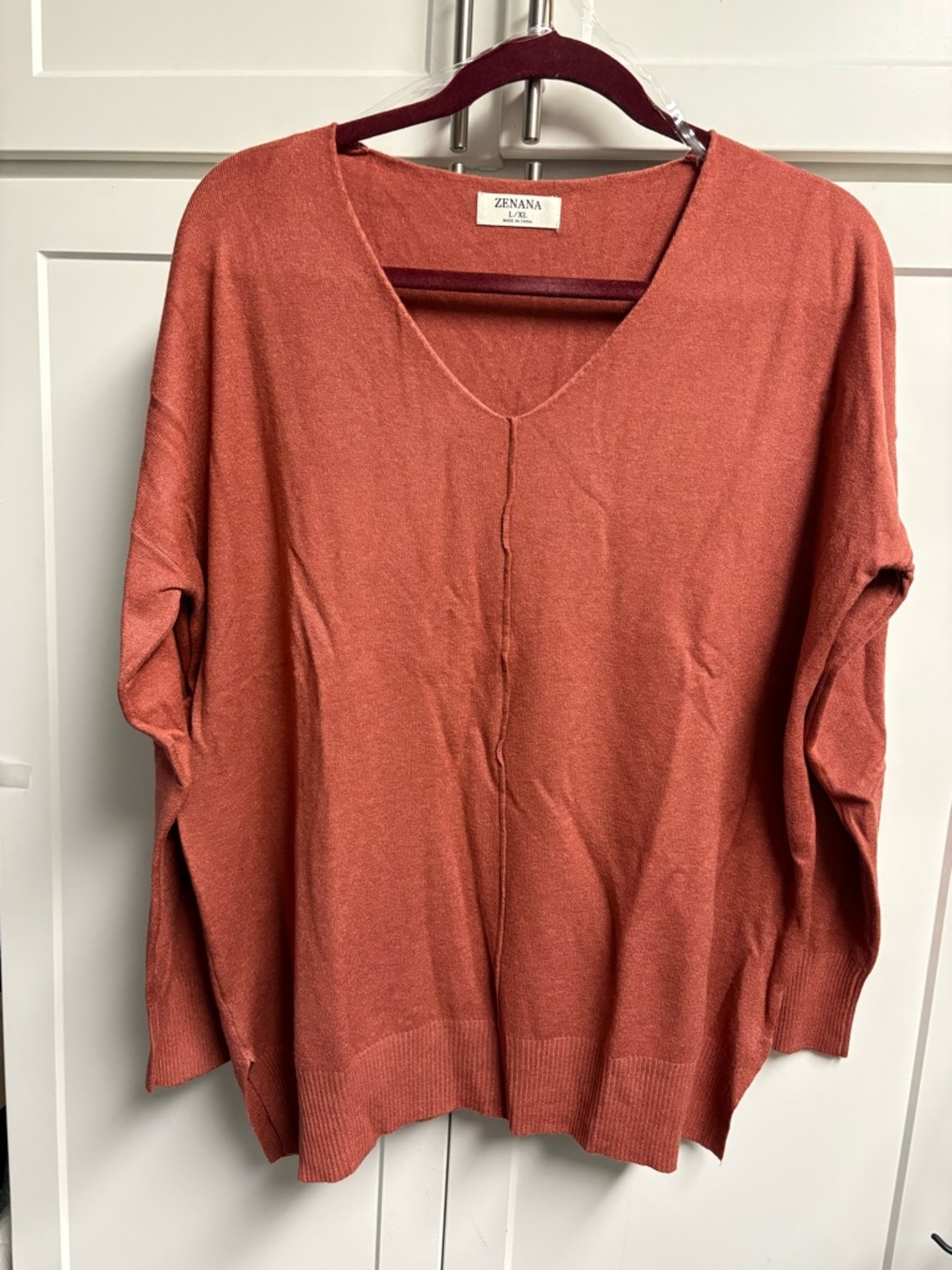 Rust Lightweight V-neck Knit Sweater by Zenana Sz L/XL